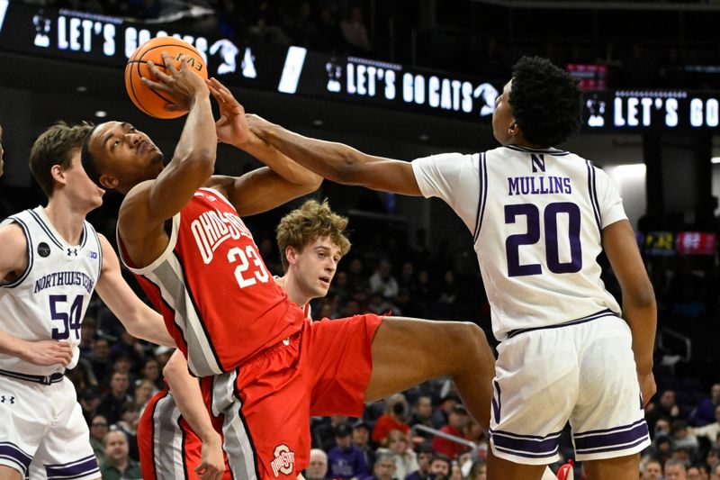 Jan 27, 2024; Evanston, Illinois, USA; Ohio State Buckeyes forward Zed Key (23) and Northwestern Wildcats guard Justin Mullins (20) fight for the ball during the second half  at Welsh-Ryan Arena. Mandatory Credit: Matt Marton-USA TODAY Sports