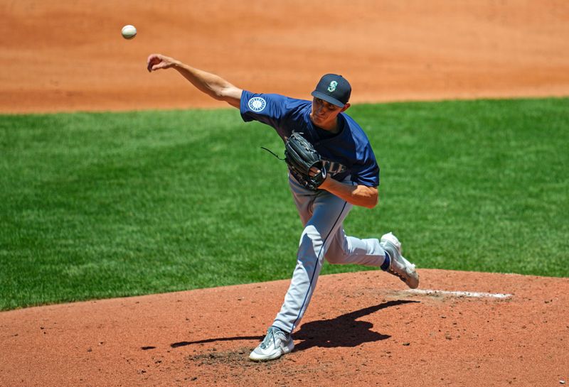 Jun 9, 2024; Kansas City, Missouri, USA; Seattle Mariners starting pitcher George Kirby (68) pitches during the third inning against the Kansas City Royals at Kauffman Stadium. Mandatory Credit: Jay Biggerstaff-USA TODAY Sports