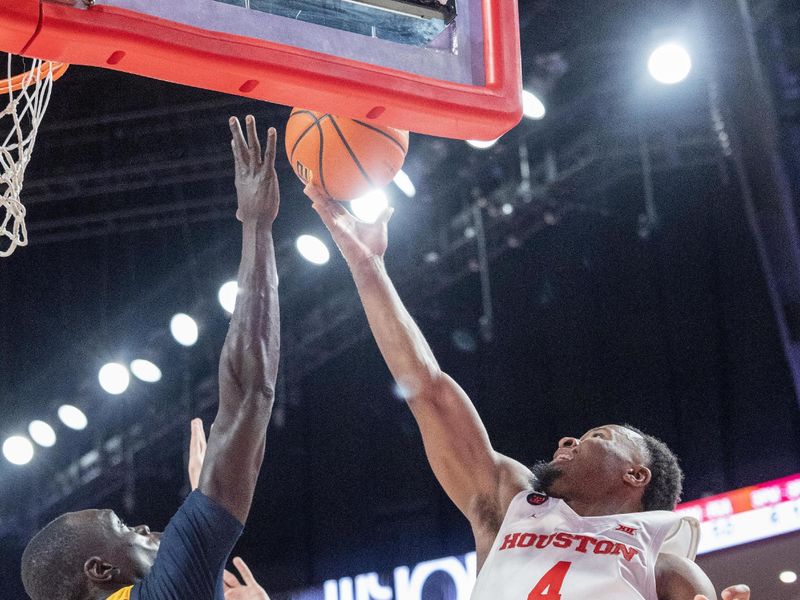 Jan 6, 2024; Houston, Texas, USA; Houston Cougars guard L.J. Cryer (4) shoots against West Virginia Mountaineers forward Akok Akok (13) in the second half at Fertitta Center. Mandatory Credit: Thomas Shea-USA TODAY Sports