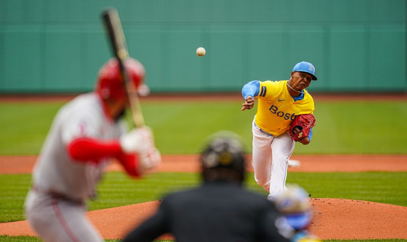 Apr 14, 2024; Boston, Massachusetts, USA; Boston Red Sox pitcher Brayan Bello (66) throws a pitch against the Los Angeles Angels in the first inning at Fenway Park. Mandatory Credit: David Butler II-USA TODAY Sports