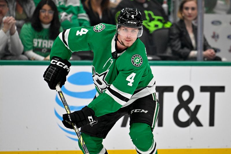 Nov 14, 2023; Dallas, Texas, USA; Dallas Stars defenseman Miro Heiskanen (4) skates against the Arizona Coyotes during the second period at the American Airlines Center. Mandatory Credit: Jerome Miron-USA TODAY Sports