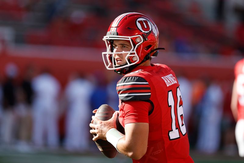 Aug 31, 2023; Salt Lake City, Utah, USA; Utah Utes quarterback Bryson Barnes (16) warms up prior to their game against the Florida Gators at Rice-Eccles Stadium. Mandatory Credit: Jeff Swinger-USA TODAY Sports