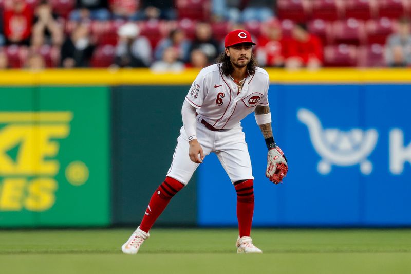 Apr 18, 2023; Cincinnati, Ohio, USA; Cincinnati Reds second baseman Jonathan India (6) prepares for the pitch against the Tampa Bay Rays in the fourth inning at Great American Ball Park. Mandatory Credit: Katie Stratman-USA TODAY Sports