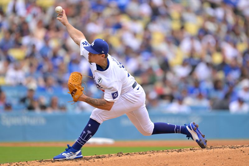 Jun 2, 2024; Los Angeles, California, USA;  Los Angeles Dodgers pitcher Gavin Stone (35) delivers to the plate in the fourth inning against the Colorado Rockies at Dodger Stadium. Mandatory Credit: Jayne Kamin-Oncea-USA TODAY Sports