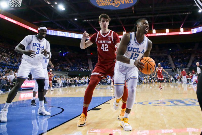 Jan 3, 2024; Los Angeles, California, USA; UCLA guard Sebastian Mack (12) reacts during the first half in a game against the Stanford Cardinal at Pauley Pavilion presented by Wescom. Mandatory Credit: Yannick Peterhans-USA TODAY Sports