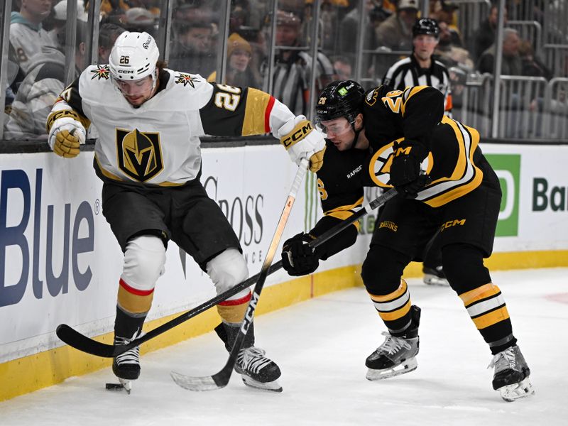 Jan 22, 2026; Boston, Massachusetts, USA; Boston Bruins defenseman Andrew Peeke (26) and Vegas Golden Knights right wing Alexander Holtz (26) battle for the puck during the second period at the TD Garden. Mandatory Credit: Brian Fluharty-Imagn Images