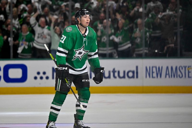 Apr 24, 2024; Dallas, Texas, USA; Dallas Stars left wing Jason Robertson (21) skates off the ice after scoring a power play goal against the Vegas Golden Knights in the first period in game two of the first round of the 2024 Stanley Cup Playoffs at American Airlines Center. Mandatory Credit: Jerome Miron-USA TODAY Sports