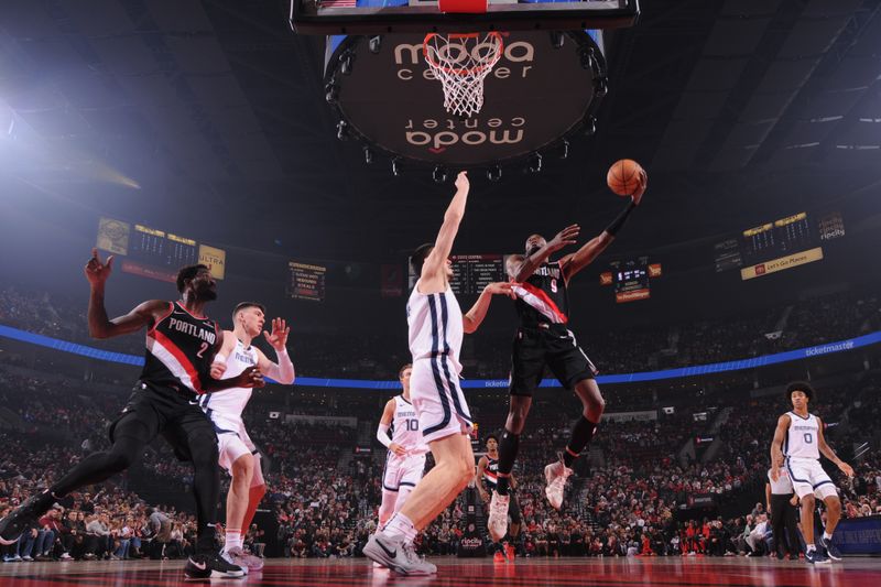 PORTLAND, OR - NOVEMBER 10: Jerami Grant #9 of the Portland Trail Blazers shoots the ball during the game against the Memphis Grizzlies on November 10, 2024 at the Moda Center Arena in Portland, Oregon. NOTE TO USER: User expressly acknowledges and agrees that, by downloading and or using this photograph, user is consenting to the terms and conditions of the Getty Images License Agreement. Mandatory Copyright Notice: Copyright 2024 NBAE (Photo by Cameron Browne/NBAE via Getty Images)