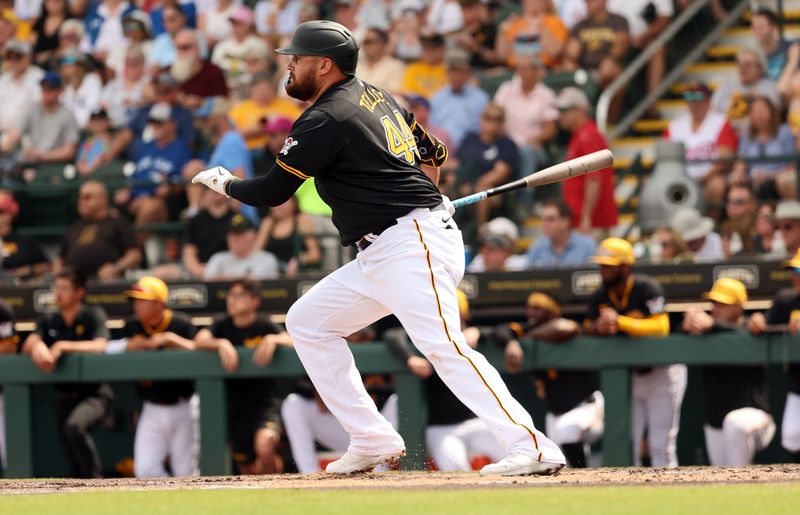 Mar 5, 2024; Bradenton, Florida, USA; Pittsburgh Pirates first baseman Rowdy Tellez (44) singles during the second inning against the Toronto Blue Jays  at LECOM Park. Mandatory Credit: Kim Klement Neitzel-USA TODAY Sports