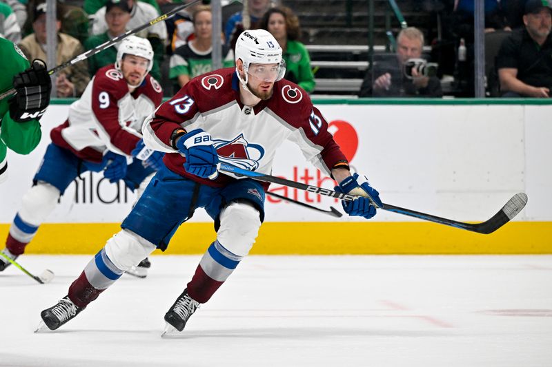 May 9, 2024; Dallas, Texas, USA; Colorado Avalanche right wing Valeri Nichushkin (13) skates against the Dallas Stars during the third period in game two of the second round of the 2024 Stanley Cup Playoffs at American Airlines Center. Mandatory Credit: Jerome Miron-USA TODAY Sports