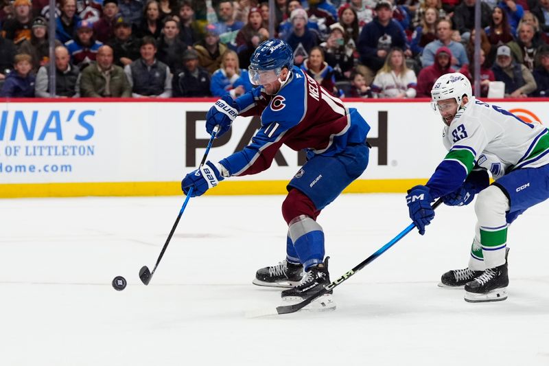 Dec 2, 2025; Denver, Colorado, USA;Colorado Avalanche center Brock Nelson (11) shoots and scores past Vancouver Canucks center Max Sasson (63) in the second period at Ball Arena. Mandatory Credit: Ron Chenoy-Imagn Images