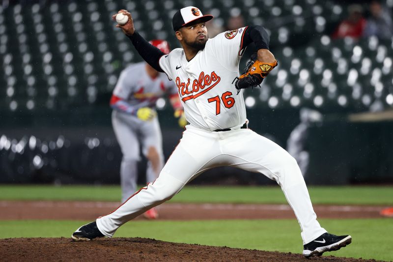 May 27, 2025; Baltimore, Maryland, USA; Baltimore Orioles pitcher Yaramil Hiraldo (76) throws during the eighth inning against the St. Louis Cardinals at Oriole Park at Camden Yards. Mandatory Credit: Daniel Kucin Jr.-Imagn Images