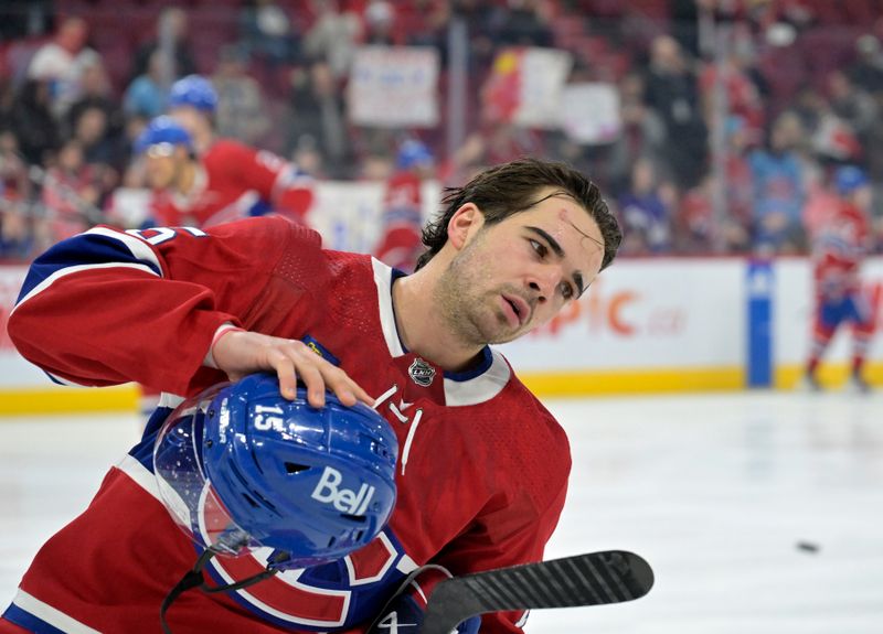 Apr 6, 2024; Montreal, Quebec, CAN; Montreal Canadiens forward Alex Newhook (15) skates during the warmup period before the game against the Toronto Maple Leafs at the Bell Centre. Mandatory Credit: Eric Bolte-USA TODAY Sports