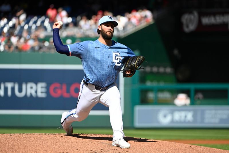 May 10, 2025; Washington, District of Columbia, USA; Washington Nationals starting pitcher Trevor Williams (32) throws to the St. Louis Cardinals during the first inning at Nationals Park. Mandatory Credit: Brad Mills-Imagn Images