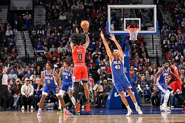 PHILADELPHIA, PA - JANUARY 2: Coby White #0 of the Chicago Bulls shoots the ball during the game against the Philadelphia 76ers  on January 2, 2024 at the Wells Fargo Center in Philadelphia, Pennsylvania NOTE TO USER: User expressly acknowledges and agrees that, by downloading and/or using this Photograph, user is consenting to the terms and conditions of the Getty Images License Agreement. Mandatory Copyright Notice: Copyright 2024 NBAE (Photo by David Dow/NBAE via Getty Images)