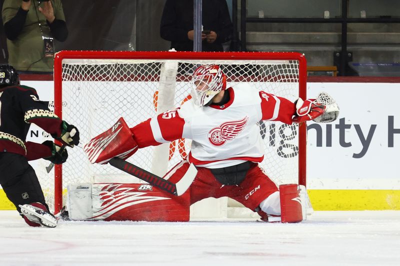 Jan 17, 2023; Tempe, Arizona, USA; Detroit Red Wings goalie Magnus Hellberg (45) blocks a shot on goal against the Arizona Coyotes in the first period at Mullett Arena. Mandatory Credit: Mark J. Rebilas-USA TODAY Sports