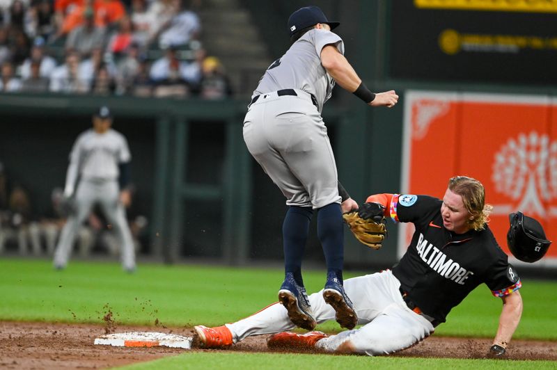 Jul 12, 2024; Baltimore, Maryland, USA;Baltimore Orioles outfielder Heston Kjerstad (13) slides under New York Yankees shortstop Anthony Volpe (11) to steal second base during the second inning   at Oriole Park at Camden Yards. Mandatory Credit: Tommy Gilligan-USA TODAY Sports