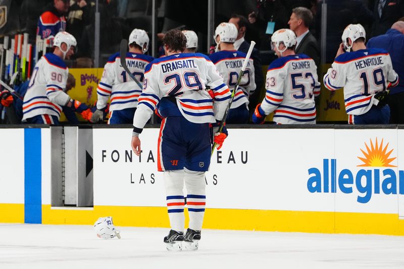 Dec 3, 2024; Las Vegas, Nevada, USA; Edmonton Oilers center Leon Draisaitl (29) leaves the ice after the Oilers were defeated by the Vegas Golden Knights 1-0 at T-Mobile Arena. Mandatory Credit: Stephen R. Sylvanie-Imagn Images