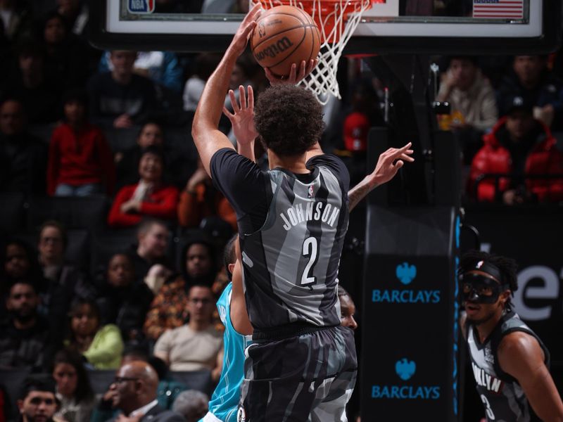 BROOKLYN, NY - FEBRUARY 10: Cameron Johnson #2 of the Brooklyn Nets shoots the ball during the game against the Charlotte Hornets on February 10, 2025 at Barclays Center in Brooklyn, New York. NOTE TO USER: User expressly acknowledges and agrees that, by downloading and or using this Photograph, user is consenting to the terms and conditions of the Getty Images License Agreement. Mandatory Copyright Notice: Copyright 2025 NBAE (Photo by Nathaniel S. Butler/NBAE via Getty Images)