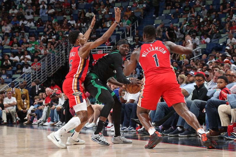 NEW ORLEANS, LA - MARCH 30: Jrue Holiday #4 of the Boston Celtics looks to pass the ball during the game against the New Orleans Pelicans on March 30, 2024 at the Smoothie King Center in New Orleans, Louisiana. NOTE TO USER: User expressly acknowledges and agrees that, by downloading and or using this Photograph, user is consenting to the terms and conditions of the Getty Images License Agreement. Mandatory Copyright Notice: Copyright 2024 NBAE (Photo by Layne Murdoch Jr./NBAE via Getty Images)