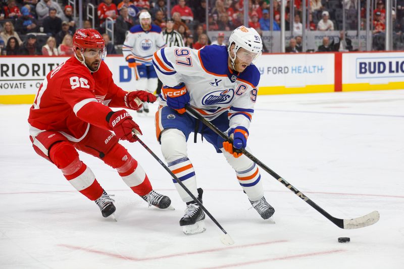 Oct 27, 2024; Detroit, Michigan, USA; Edmonton Oilers center Connor McDavid (97) handles the puck during the third period of the game at Little Caesars Arena. Mandatory Credit: Brian Bradshaw Sevald-Imagn Images