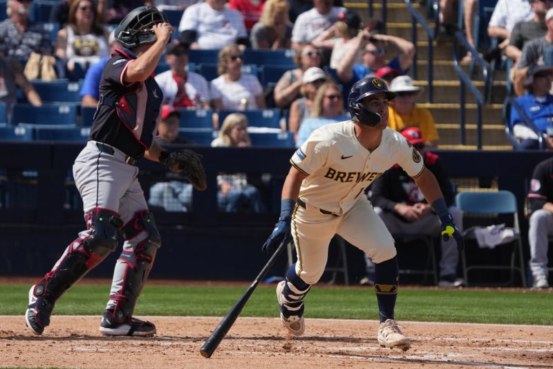 Mar 16, 2025; Phoenix, Arizona, USA; Milwaukee Brewers outfielder Sal Frelick (10) hits a two run home run against the Cleveland Guardians in the third inning at American Family Fields of Phoenix. Mandatory Credit: Rick Scuteri-Imagn Images
