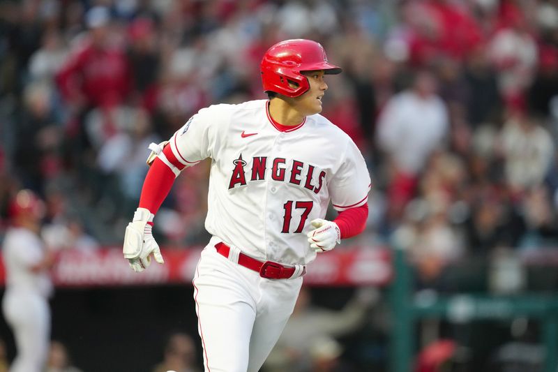 May 24, 2023; Anaheim, California, USA; Los Angeles Angels designated hitter Shohei Ohtani (17) rounds the bases after hitting a home run against the Boston Red Sox at Angel Stadium. Mandatory Credit: Kirby Lee-USA TODAY Sports