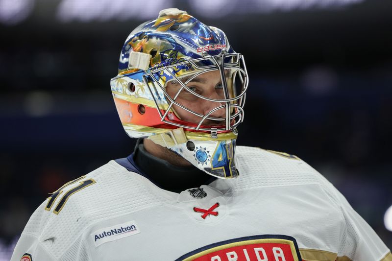 Feb 17, 2024; Tampa, Florida, USA;  Florida Panthers goaltender Anthony Stolarz (41) warms up before a game against the Tampa Bay Lightning at Amalie Arena. Mandatory Credit: Nathan Ray Seebeck-USA TODAY Sports