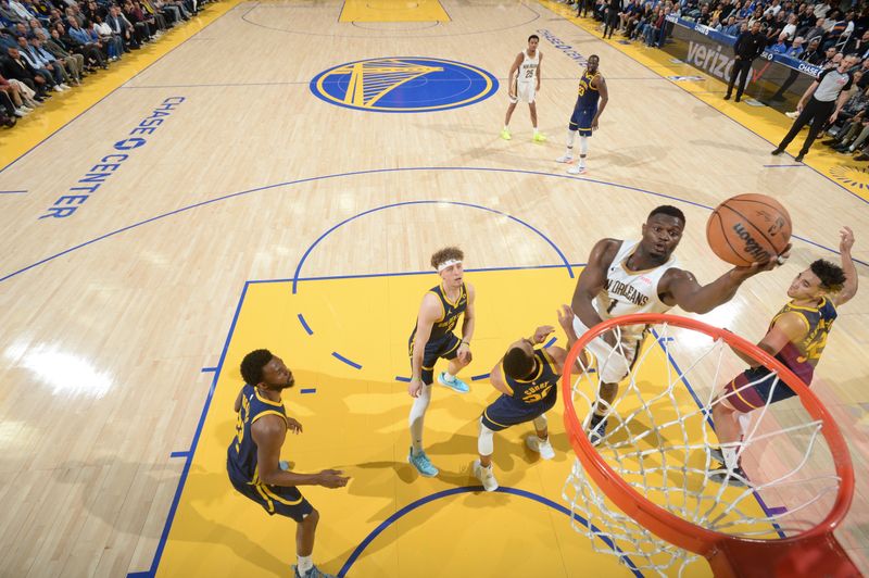 SAN FRANCISCO, CA - APRIL 12:  Zion Williamson #1 of the New Orleans Pelicans goes to the basket during the game on April 12, 2024 at Chase Center in San Francisco, California. NOTE TO USER: User expressly acknowledges and agrees that, by downloading and or using this photograph, user is consenting to the terms and conditions of Getty Images License Agreement. Mandatory Copyright Notice: Copyright 2024 NBAE (Photo by Noah Graham/NBAE via Getty Images)