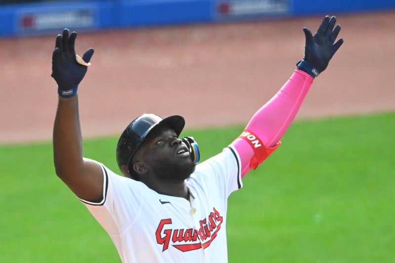 Jul 6, 2024; Cleveland, Ohio, USA; Cleveland Guardians right fielder Jhonkensy Noel (43) celebrates his solo home run in the sixth inning against the San Francisco Giants at Progressive Field. Mandatory Credit: David Richard-USA TODAY Sports