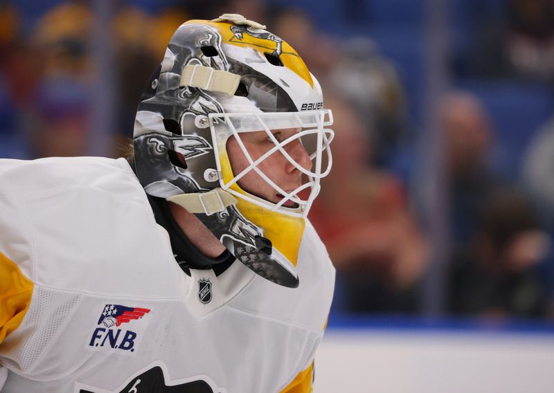 Sep 21, 2024; Buffalo, New York, USA;  Pittsburgh Penguins goalie Filip Larsson (31) during the second period against the Buffalo Sabres at KeyBank Center. Mandatory Credit: Timothy T. Ludwig-Imagn Images