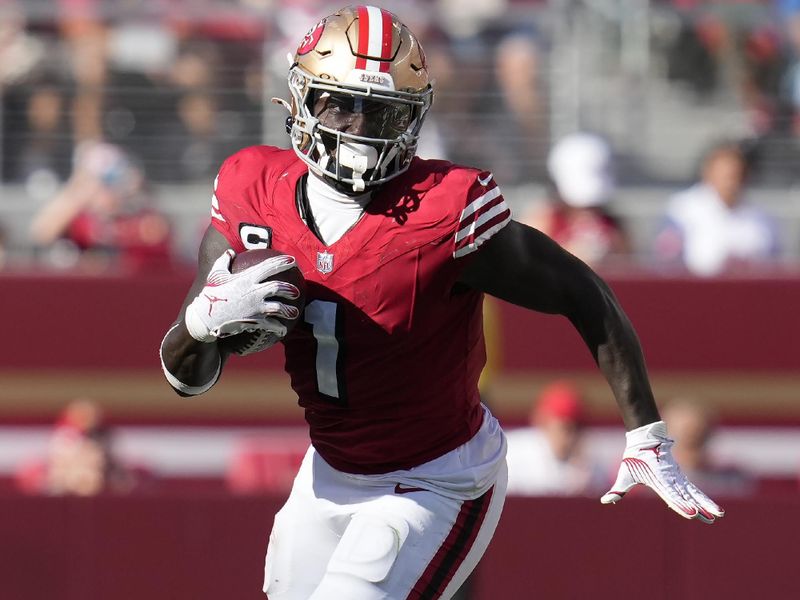 San Francisco 49ers wide receiver Deebo Samuel Sr. (1) runs against the Arizona Cardinals during an NFL football game in Santa Clara, Calif., Sunday, Oct. 6, 2024. (AP Photo/Godofredo A. Vásquez)