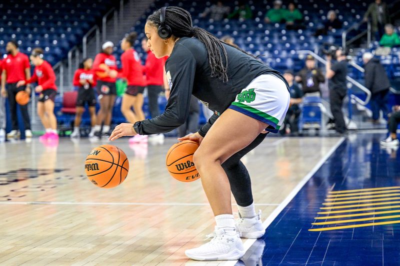 Feb 16, 2023; South Bend, Indiana, USA; Notre Dame Fighting Irish forward Jenna Brown (0) warms up before the game against the Louisville Cardinals at the Purcell Pavilion. Mandatory Credit: Matt Cashore-USA TODAY Sports