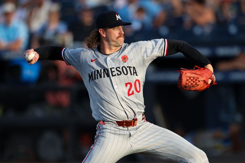 May 26, 2025; Tampa, Florida, USA; Minnesota Twins starting pitcher Chris Paddack (20) throws a pitch against the Tampa Bay Rays in the first inning at George M. Steinbrenner Field. Mandatory Credit: Nathan Ray Seebeck-Imagn Images