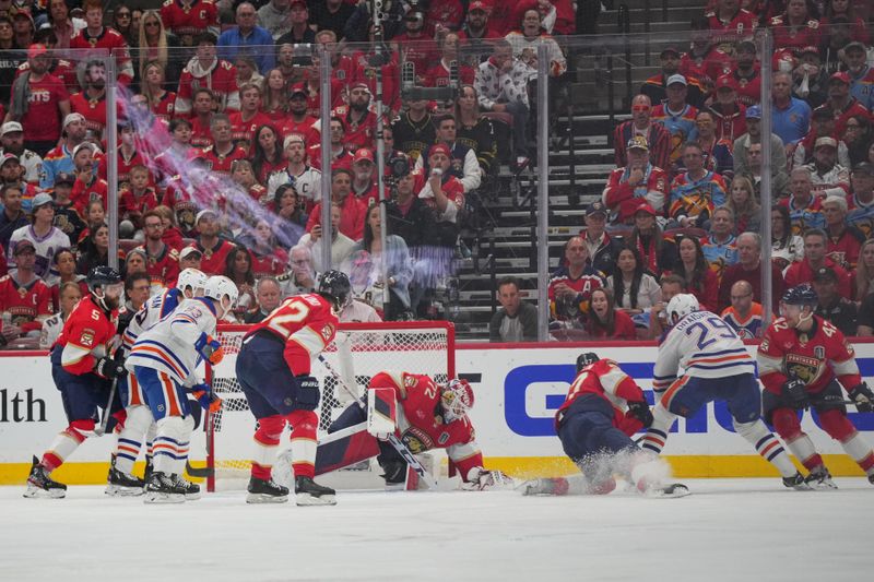 Jun 24, 2024; Sunrise, Florida, USA; iFlorida Panthers goaltender Sergei Bobrovsky (72) makes a glove save against the Edmonton Oilers during the second period in game seven of the 2024 Stanley Cup Final at Amerant Bank Arena. Mandatory Credit: Jim Rassol-USA TODAY Sports