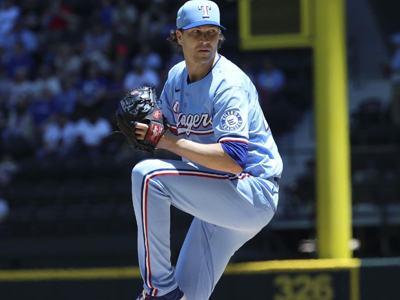 May 4, 2025; Arlington, Texas, USA;  Texas Rangers starting pitcher Jacob deGrom (48) throws during the first inning against the Seattle Mariners at Globe Life Field. Mandatory Credit: Kevin Jairaj-Imagn Images