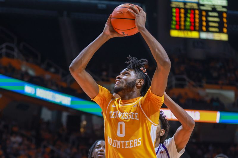 Dec 4, 2022; Knoxville, Tennessee, USA; Tennessee Volunteers forward Jonas Aidoo (0) goes to the basket against the Alcorn State Braves at Thompson-Boling Arena. Mandatory Credit: Randy Sartin-USA TODAY Sports