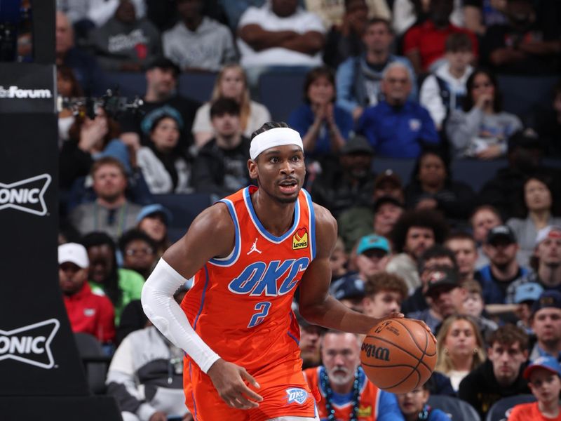 MEMPHIS, TN - MARCH 16:  Shai Gilgeous-Alexander #2 of the Oklahoma City Thunder handles the ball during the game against the Memphis Grizzlies on March 16, 2024 at FedExForum in Memphis, Tennessee. NOTE TO USER: User expressly acknowledges and agrees that, by downloading and or using this photograph, User is consenting to the terms and conditions of the Getty Images License Agreement. Mandatory Copyright Notice: Copyright 2024 NBAE (Photo by Joe Murphy/NBAE via Getty Images)