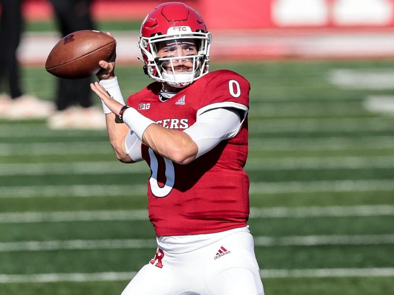 Oct 31, 2020; Piscataway, New Jersey, USA; Rutgers Scarlet Knights quarterback Noah Vedral (0) warms up before his game against the Indiana Hoosiers at SHI Stadium. Mandatory Credit: Vincent Carchietta-USA TODAY Sports