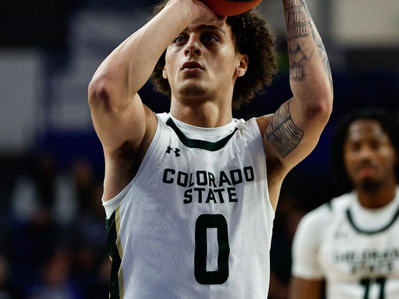 Feb 25, 2025; Colorado Springs, Colorado, USA; Colorado State Rams guard Kyan Evans (0) attempts a free throw in the second half against the Air Force Falcons at Clune Arena. Mandatory Credit: Isaiah J. Downing-Imagn Images