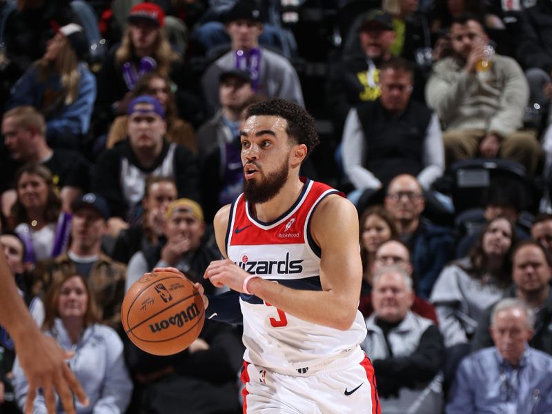 SALT LAKE CITY, UT - MARCH 4:  Tyus Jones #5 of the Washington Wizards handles the ball during the game against the Utah Jazz on March 4, 2024 at vivint.SmartHome Arena in Salt Lake City, Utah. NOTE TO USER: User expressly acknowledges and agrees that, by downloading and or using this Photograph, User is consenting to the terms and conditions of the Getty Images License Agreement. Mandatory Copyright Notice: Copyright 2024 NBAE (Photo by Melissa Majchrzak/NBAE via Getty Images)