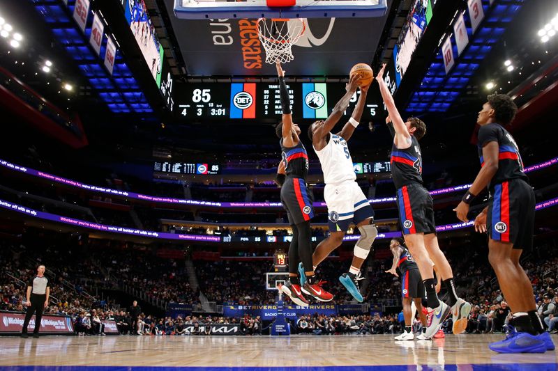 DETROIT, MI - JANUARY 17: Anthony Edwards #5 of the Minnesota Timberwolves shoots the ball during the game against the Detroit Pistons on January 17, 2024 at Little Caesars Arena in Detroit, Michigan. NOTE TO USER: User expressly acknowledges and agrees that, by downloading and/or using this photograph, User is consenting to the terms and conditions of the Getty Images License Agreement. Mandatory Copyright Notice: Copyright 2024 NBAE (Photo by Brian Sevald/NBAE via Getty Images)