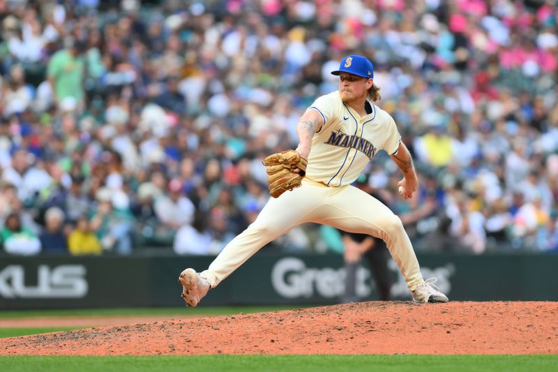 Sep 29, 2024; Seattle, Washington, USA; Seattle Mariners relief pitcher Gabe Speier (55) pitches to the Oakland Athletics during the seventh inning at T-Mobile Park. Mandatory Credit: Steven Bisig-Imagn Images