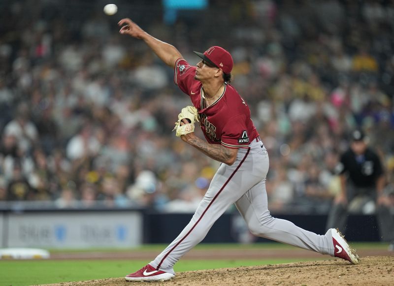 Aug 17, 2023; San Diego, California, USA;  Arizona Diamondbacks relief pitcher Justin Martinez (63) throws a pitch against the San Diego Padres during the ninth inning at Petco Park. Mandatory Credit: Ray Acevedo-USA TODAY Sports