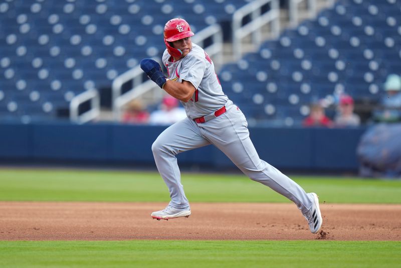 Mar 5, 2025; West Palm Beach, Florida, USA; St. Louis Cardinals left feilder JJ Wetherholt (87) runs to second base against the Houston Astros during the second inning at CACTI Park of the Palm Beaches. Mandatory Credit: Rich Storry-Imagn Images