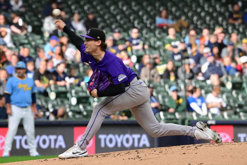 Sep 6, 2024; Milwaukee, Wisconsin, USA; Colorado Rockies starting pitcher Ryan Feltner (18) pitches in the first inning against the Milwaukee Brewers at American Family Field. Mandatory Credit: Benny Sieu-Imagn Images