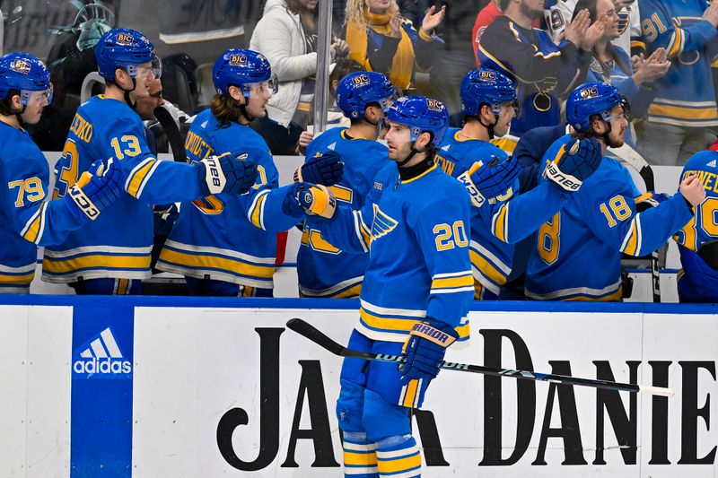 Dec 23, 2023; St. Louis, Missouri, USA;  St. Louis Blues left wing Brandon Saad (20) is congratulated by teammates after scoring against the Chicago Blackhawks during the third period at Enterprise Center. Mandatory Credit: Jeff Curry-USA TODAY Sports