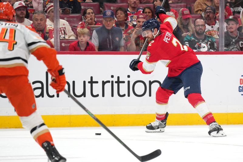 Oct 28, 2025; Sunrise, Florida, USA; Florida Panthers defenseman Jeff Petry (2) takes a shot on goal against the Anaheim Ducks during the second period at Amerant Bank Arena. Mandatory Credit: Jim Rassol-Imagn Images