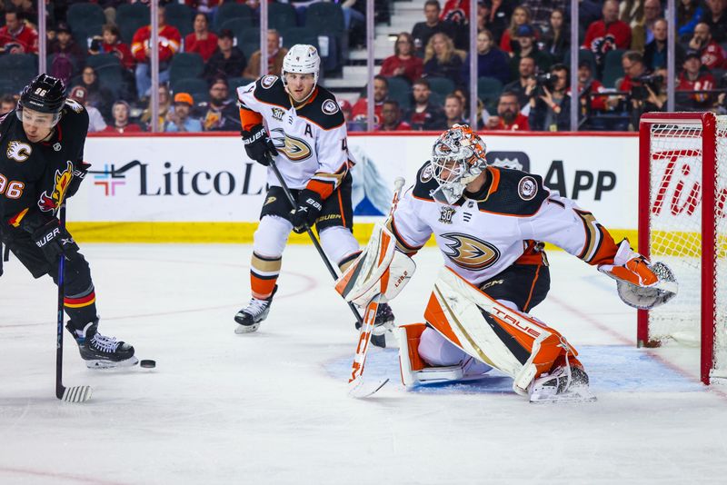 Apr 2, 2024; Calgary, Alberta, CAN; Calgary Flames left wing Andrei Kuzmenko (96) scores a goal against Anaheim Ducks goaltender Lukas Dostal (1) during the third period at Scotiabank Saddledome. Mandatory Credit: Sergei Belski-USA TODAY Sports