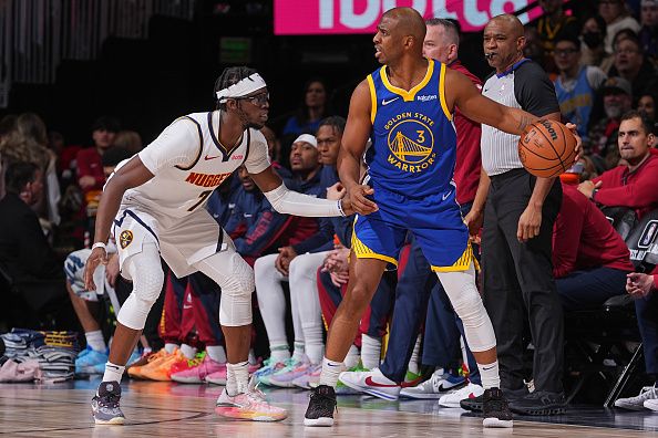 DENVER, CO - DECEMBER 25: Reggie Jackson #7 of the Denver Nuggets plays defense during the game against the Golden State Warriors on December 25, 2023 at the Ball Arena in Denver, Colorado. NOTE TO USER: User expressly acknowledges and agrees that, by downloading and/or using this Photograph, user is consenting to the terms and conditions of the Getty Images License Agreement. Mandatory Copyright Notice: Copyright 2023 NBAE (Photo by Bart Young/NBAE via Getty Images)